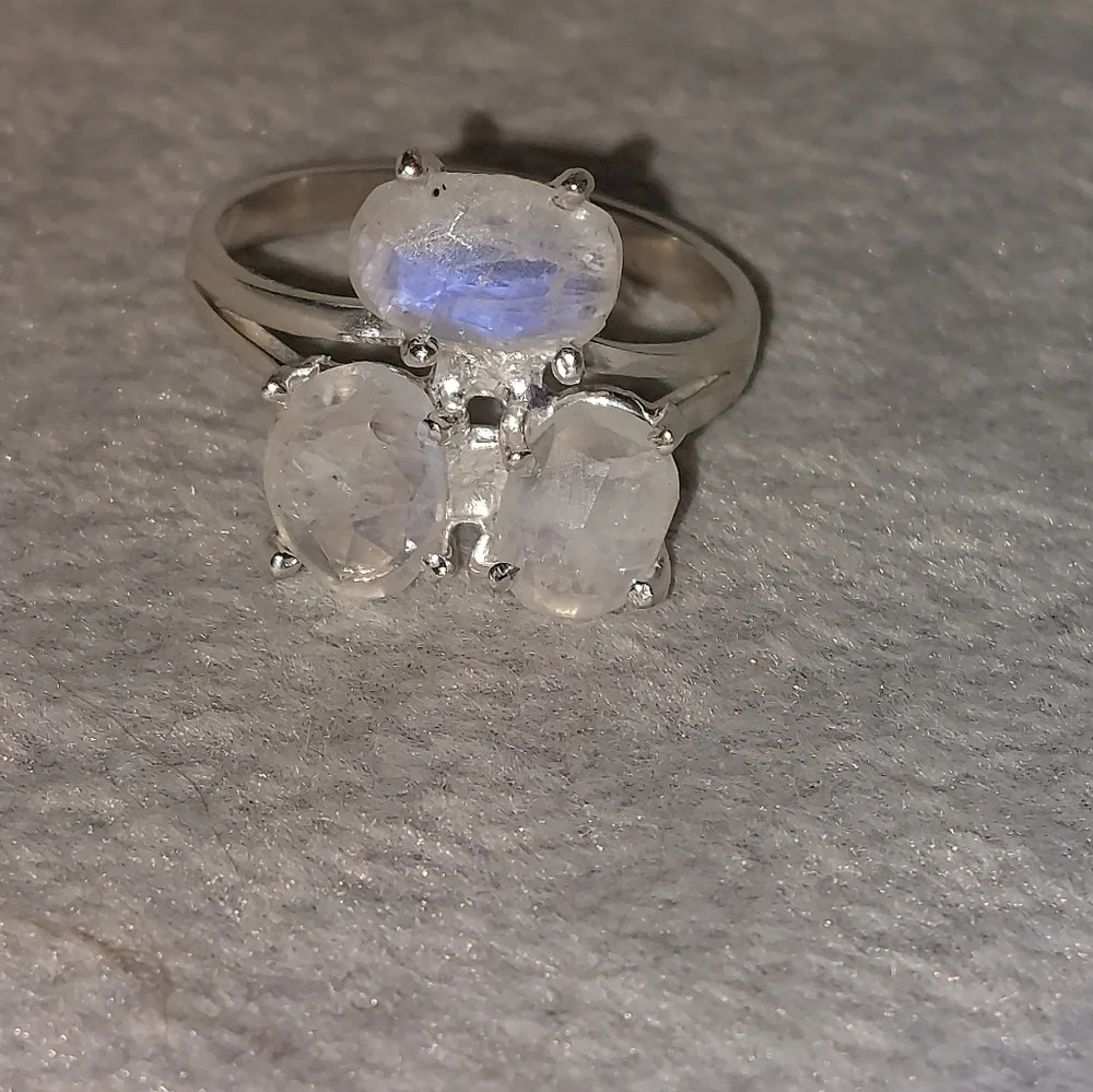Raw Faceted Moonstone 3 Stone Ring Sterling Silver